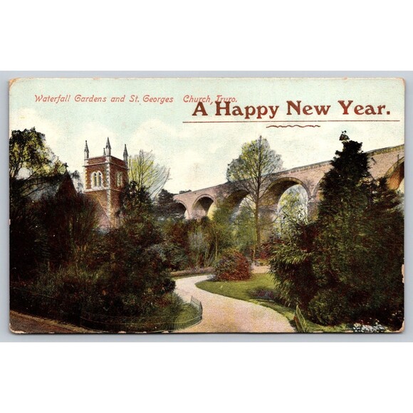 Postcard Happy New Year Waterfall Gardens St. Georges Church Truro UK c1910s - Picture 1 of 2